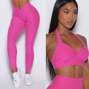 BOMBSHELL SPORTSWEAR SET- Curvemax Leggings & Backless Bra - S, Neon Pink Sorbet